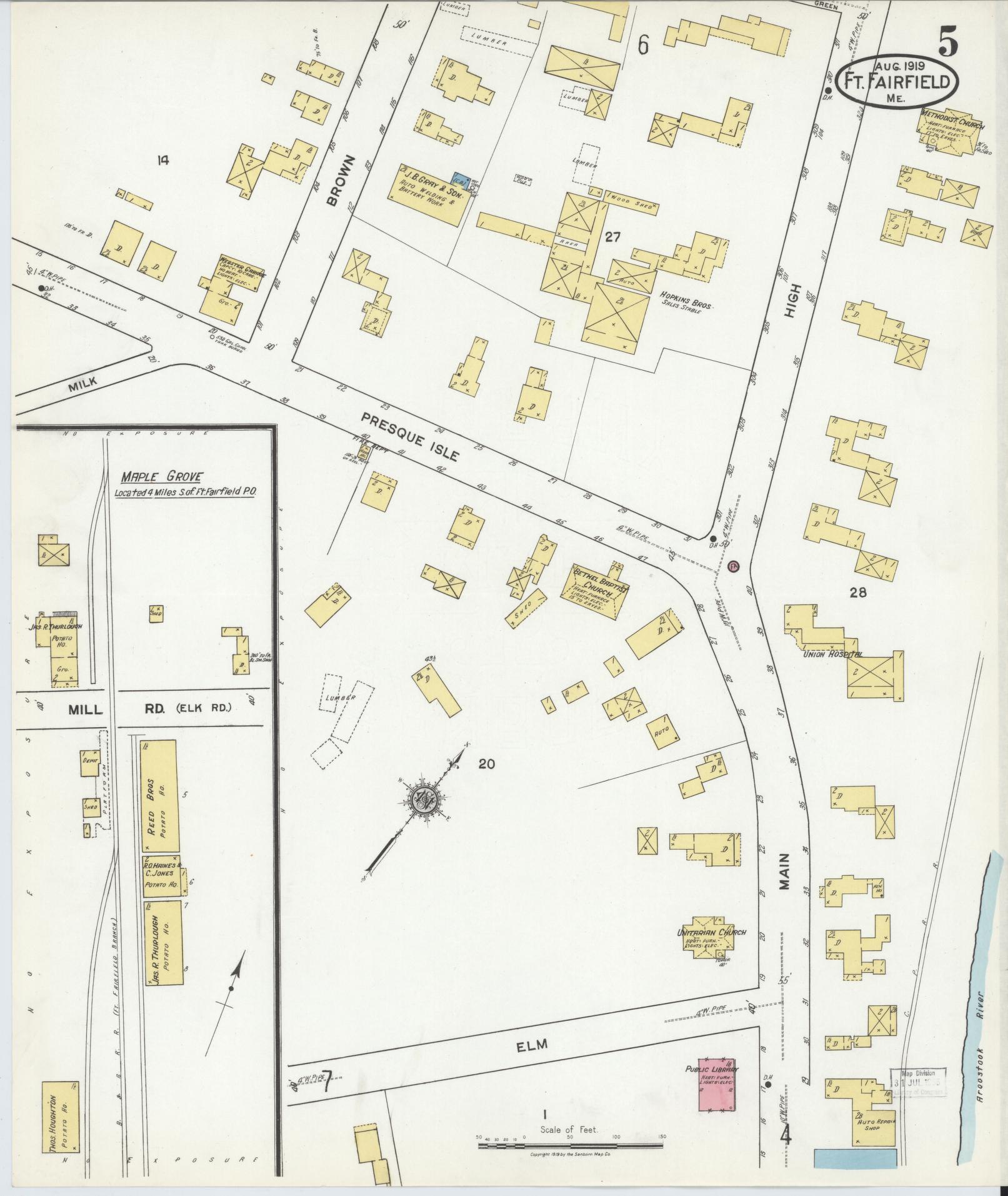 Sanborn Fire Insurance Map from Fort Fairfield, Aroostook County, Maine (1919), Sheet #0005 - Historic Sanborn Fire Insurance Map Print, vintage old map wall art, antique decor, genealogy gift, Maine Maine map