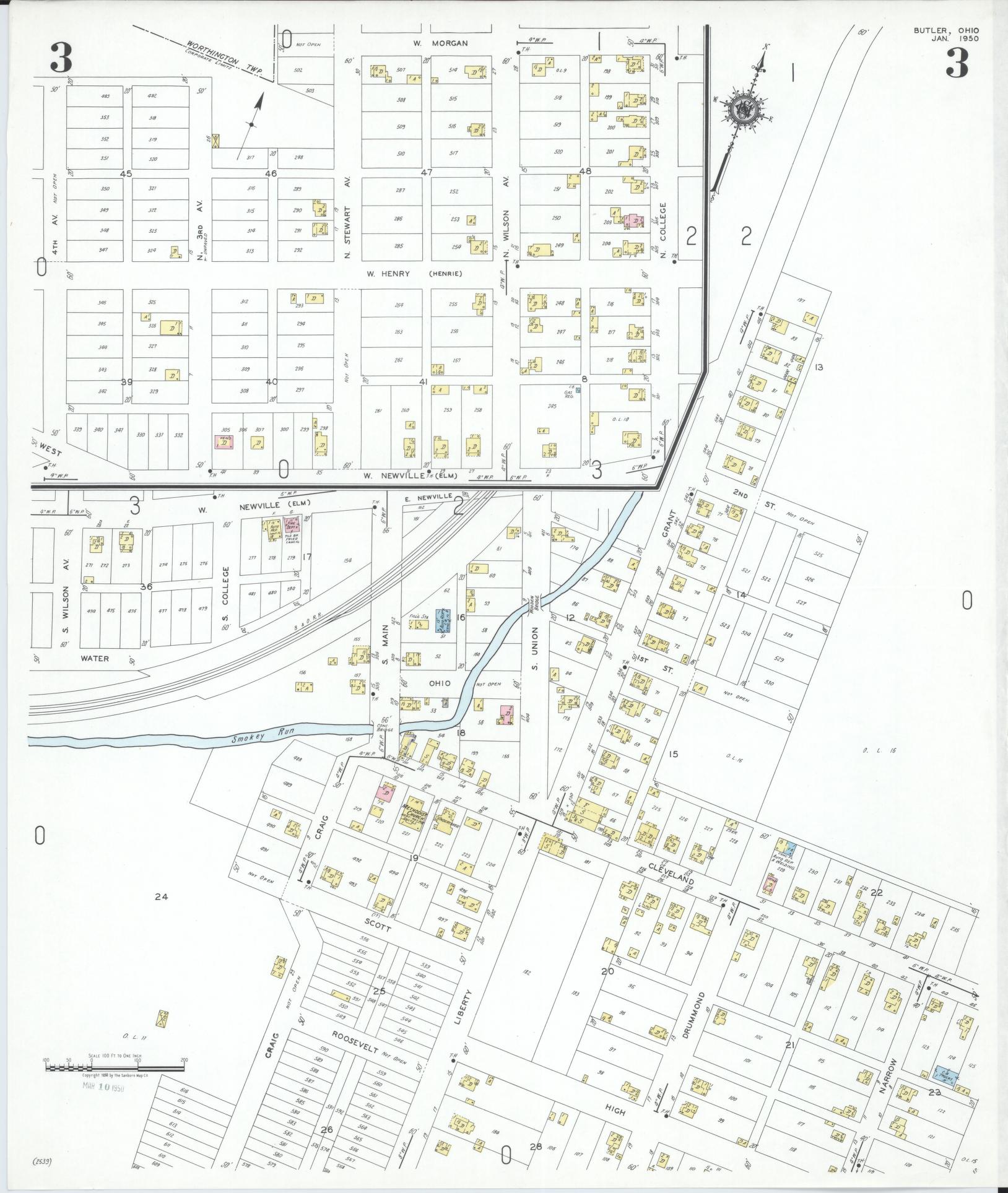 Sanborn Fire Insurance Map from Butler, Richland County, Ohio (1950), Sheet #0003 - Complete Map Set gallery image, historic Sanborn map, vintage wall art, Ohio Ohio