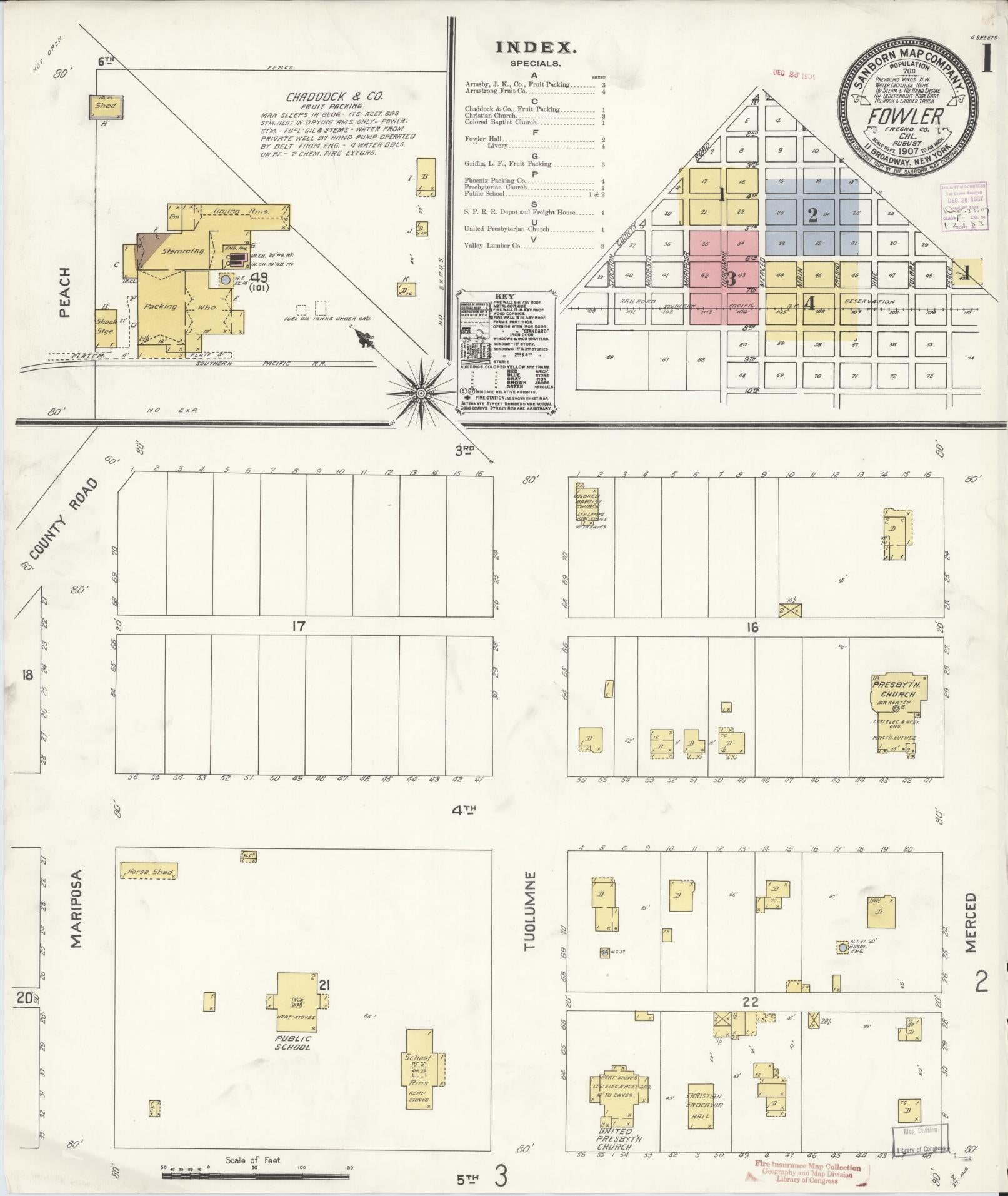 Sanborn Fire Insurance Map from Fowler, Fresno County, California (1907), Sheet #0001 - Historic Sanborn Fire Insurance Map Print, vintage old map wall art, antique decor, genealogy gift, California California map