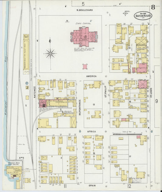 Sanborn Fire Insurance Map from Baton Rouge, East Baton Rouge Parish, Louisiana (1898), Sheet #0008 - Historic Sanborn Fire Insurance Map Print, vintage old map wall art, antique decor, genealogy gift, Louisiana Louisiana map