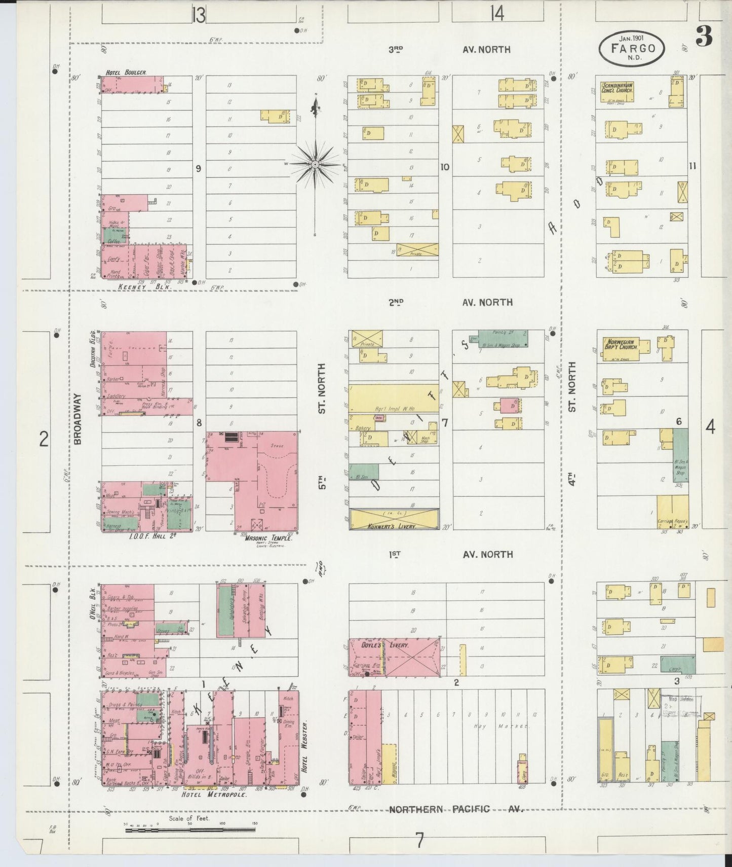 Sanborn Fire Insurance Map from Fargo, Cass County, North Dakota (1901), Sheet #0003 - Complete Map Set gallery image, historic Sanborn map, vintage wall art, North Dakota North Dakota