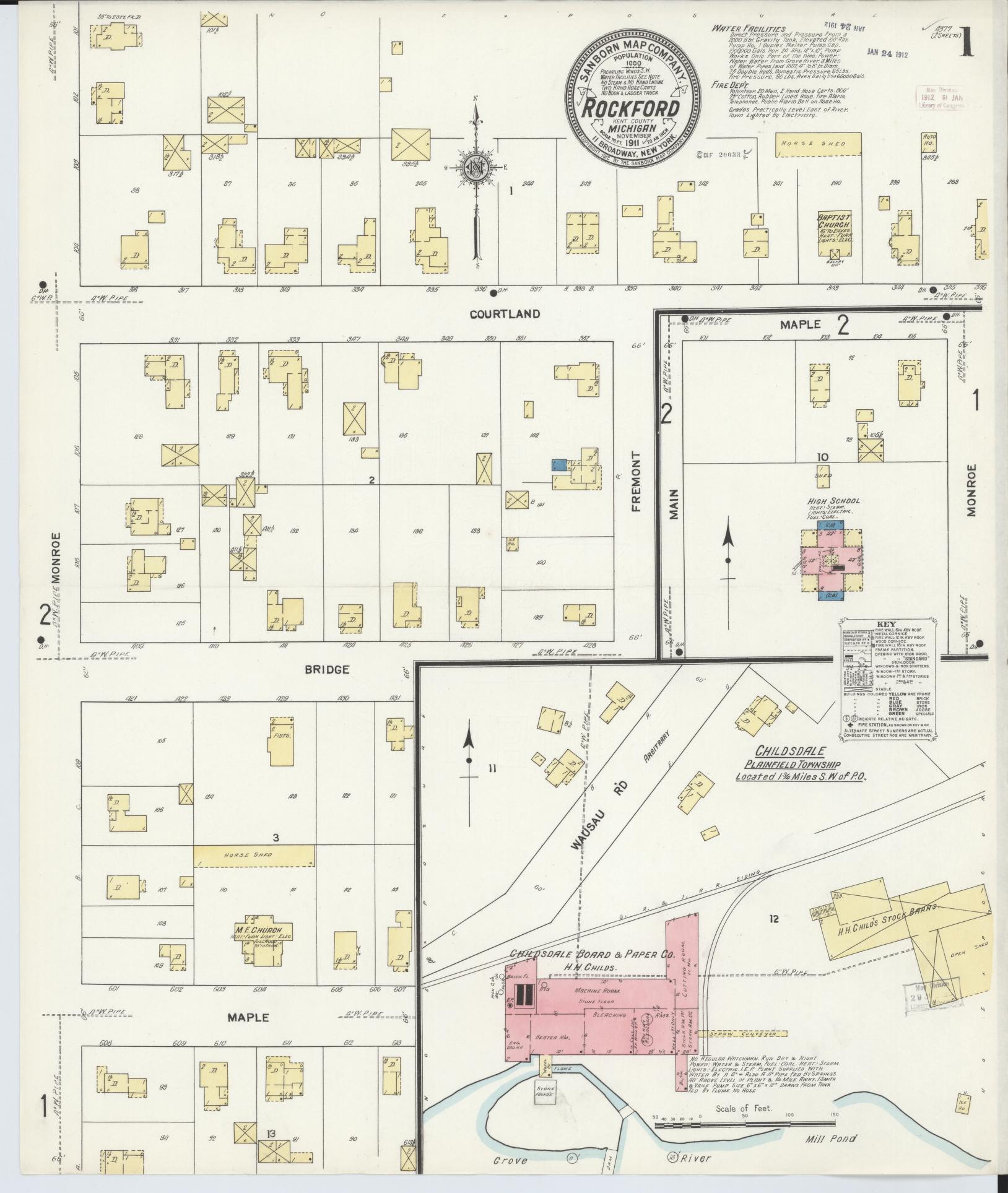 Sanborn Fire Insurance Map from Rockford, Kent County, Michigan (1911), Sheet #0001 - Complete Map Set gallery image, historic Sanborn map, vintage wall art, Michigan Michigan