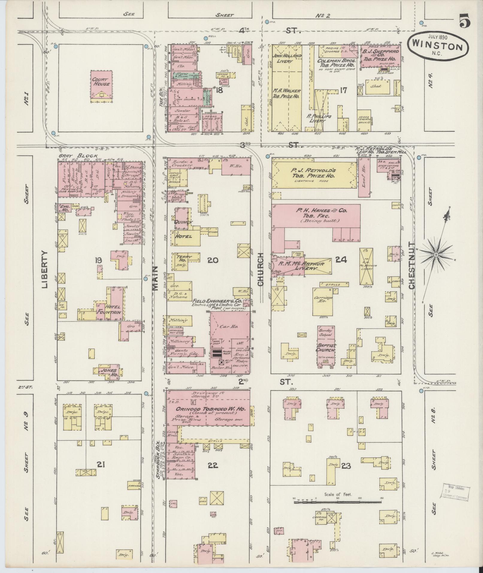 Sanborn Fire Insurance Map from Winston-Salem, Forsyth County, North Carolina (1890), Sheet #0005 - Complete Map Set gallery image, historic Sanborn map, vintage wall art, North Carolina North Carolina