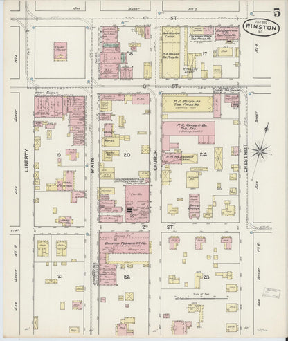 Sanborn Fire Insurance Map from Winston-Salem, Forsyth County, North Carolina (1890), Sheet #0005 - Complete Map Set gallery image, historic Sanborn map, vintage wall art, North Carolina North Carolina