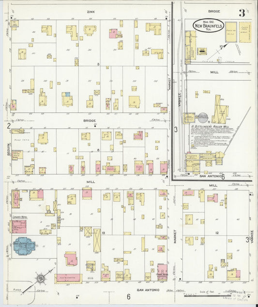 Sanborn Fire Insurance Map from New Braunfels, Comal County, Texas (1912), Sheet #0003 - Historic Sanborn Fire Insurance Map Print, vintage old map wall art, antique decor, genealogy gift, Texas Texas map