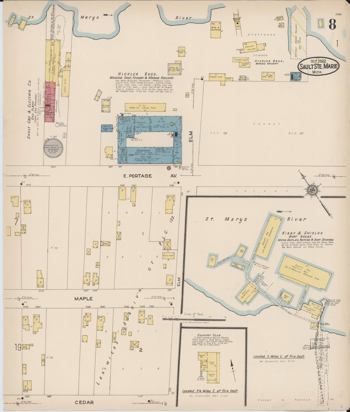 Sanborn Fire Insurance Map from Sault Sainte Marie, Chippewa County, Michigan (1922), Sheet #0008 - Historic Sanborn Fire Insurance Map Print, vintage old map wall art, antique decor, genealogy gift, Michigan Michigan map