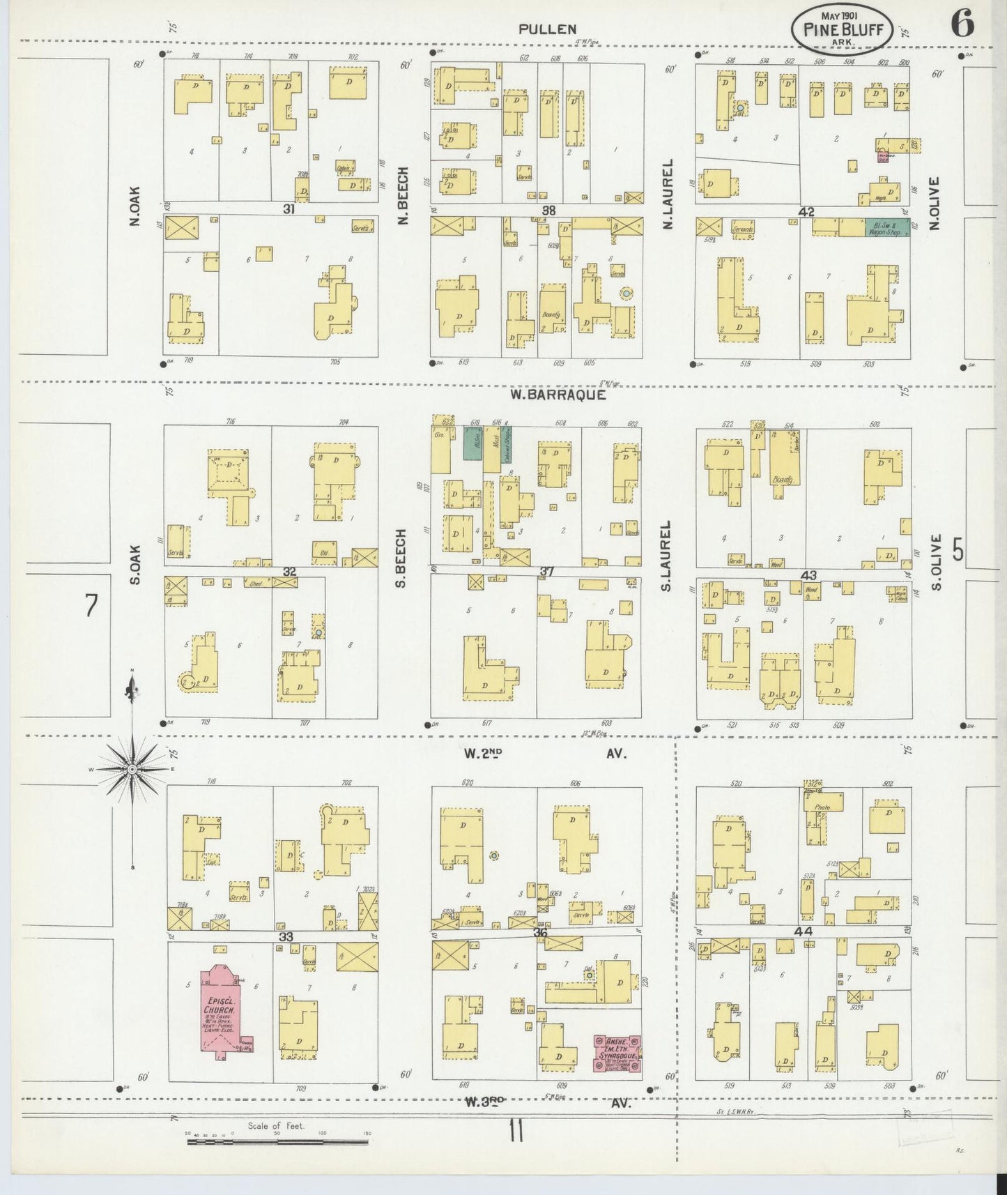 Sanborn Fire Insurance Map from Pine Bluff, Jefferson County, Arkansas (1901), Sheet #0006 - Historic Sanborn Fire Insurance Map Print, vintage old map wall art, antique decor, genealogy gift, Arkansas Arkansas map