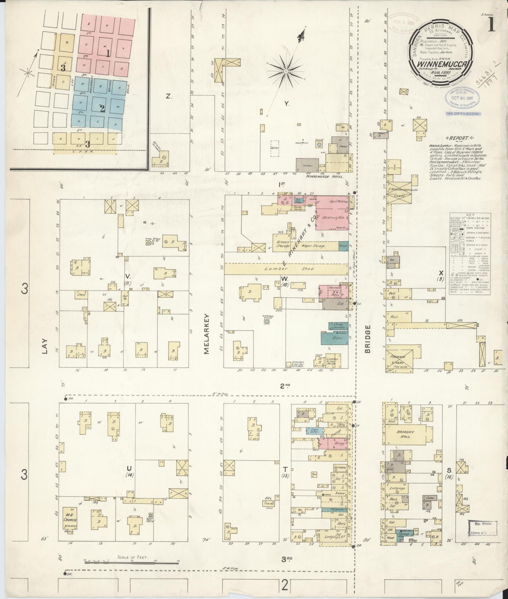 Sanborn Fire Insurance Map from Winnemucca, Humboldt County, Nevada (1897), Sheet #0001 - Historic Sanborn Fire Insurance Map Print, vintage old map wall art, antique decor, genealogy gift, Nevada Nevada map