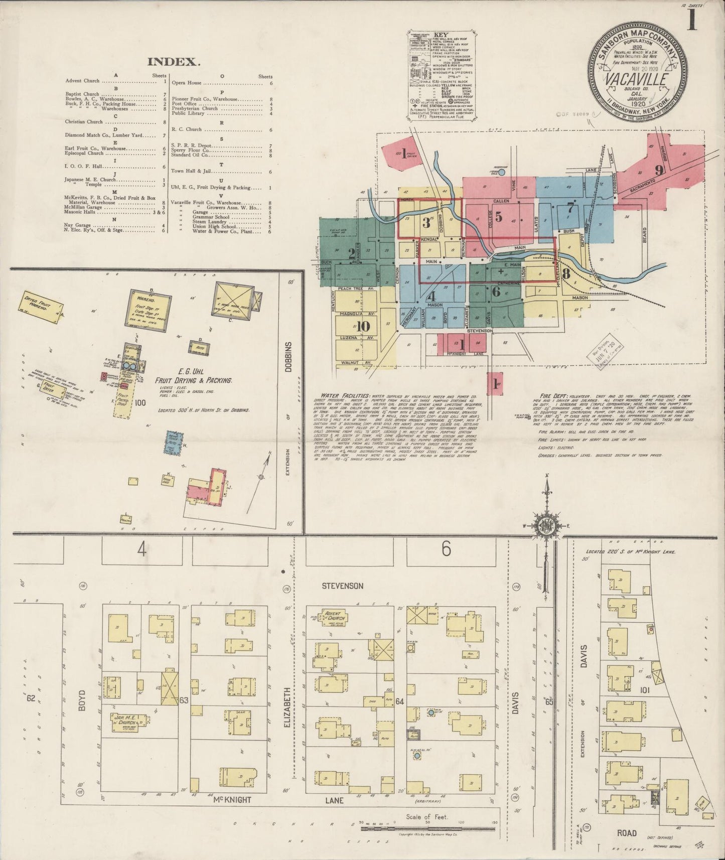 Sanborn Fire Insurance Map from Vacaville, Solano County, California (1920), Sheet #0001 - Complete Map Set gallery image, historic Sanborn map, vintage wall art, California California