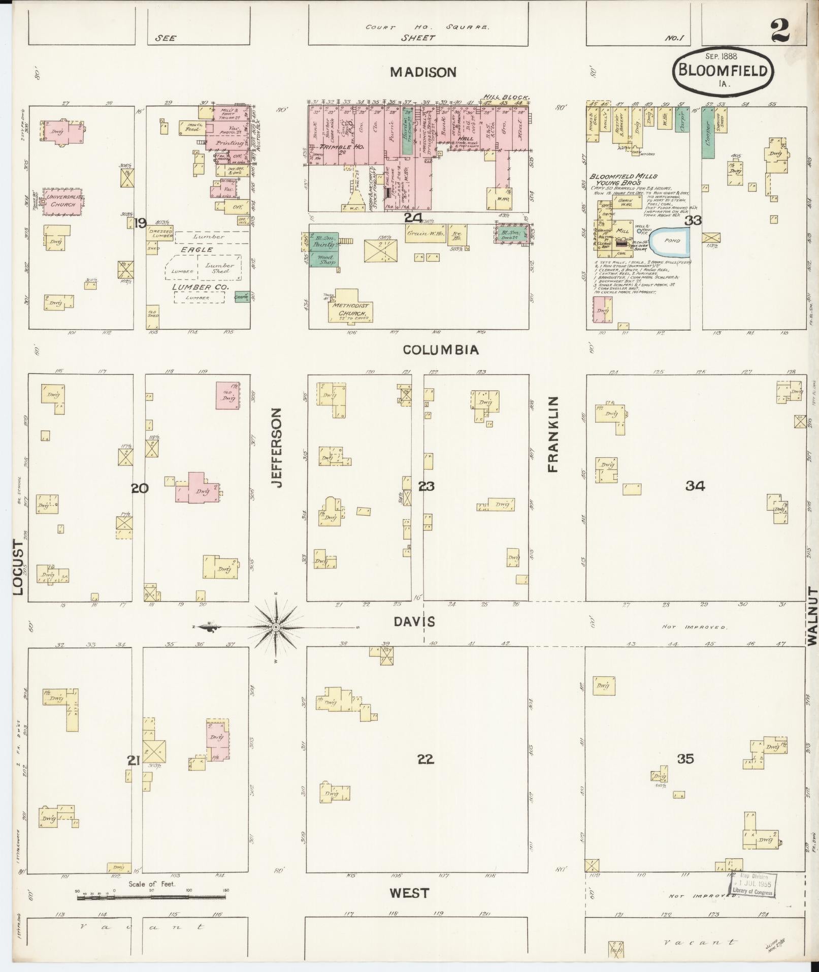 Sanborn Fire Insurance Map from Bloomfield, Davis County, Iowa (1888), Sheet #0002 - Historic Sanborn Fire Insurance Map Print, vintage old map wall art
