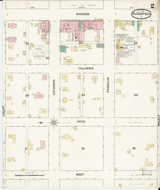 Sanborn Fire Insurance Map from Bloomfield, Davis County, Iowa (1888), Sheet #0002 - Historic Sanborn Fire Insurance Map Print, vintage old map wall art