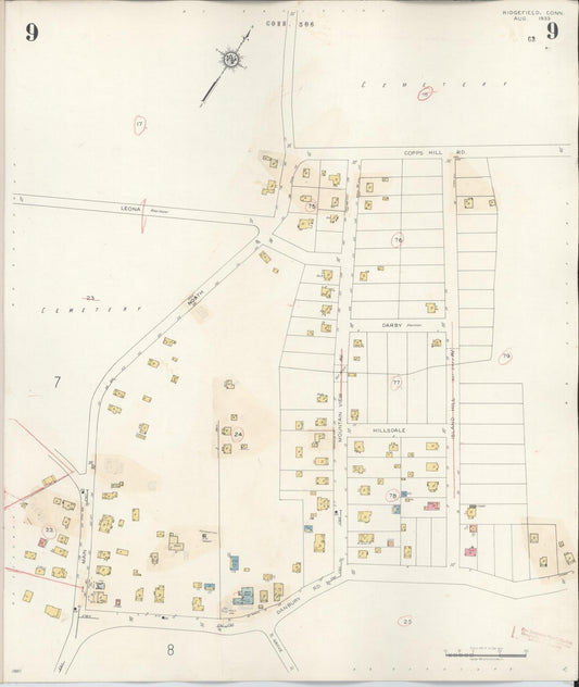 Sanborn Fire Insurance Map from Ridgefield, Fairfield County, Connecticut (1940), Sheet #0009 - Historic Sanborn Fire Insurance Map Print, vintage old map wall art, antique decor, genealogy gift, Connecticut Connecticut map