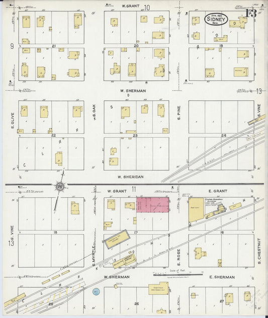 Sanborn Fire Insurance Map from Sidney, Cheyenne County, Nebraska (1921), Sheet #0013 - Historic Sanborn Fire Insurance Map Print, vintage old map wall art, antique decor, genealogy gift, Nebraska Nebraska map