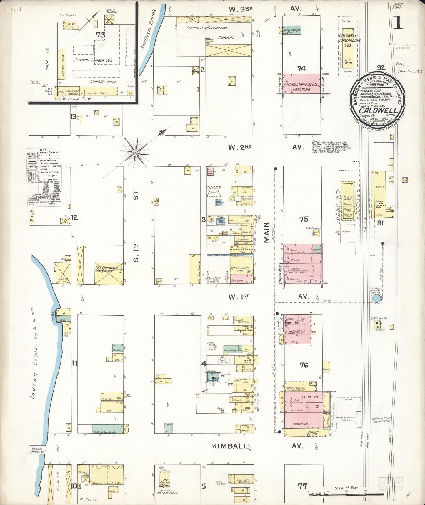 Sanborn Fire Insurance Map from Caldwell, Canyon County, Idaho (1892), Sheet #0001 - Historic Sanborn Fire Insurance Map Print, vintage old map wall art, antique decor, genealogy gift, Idaho Idaho map