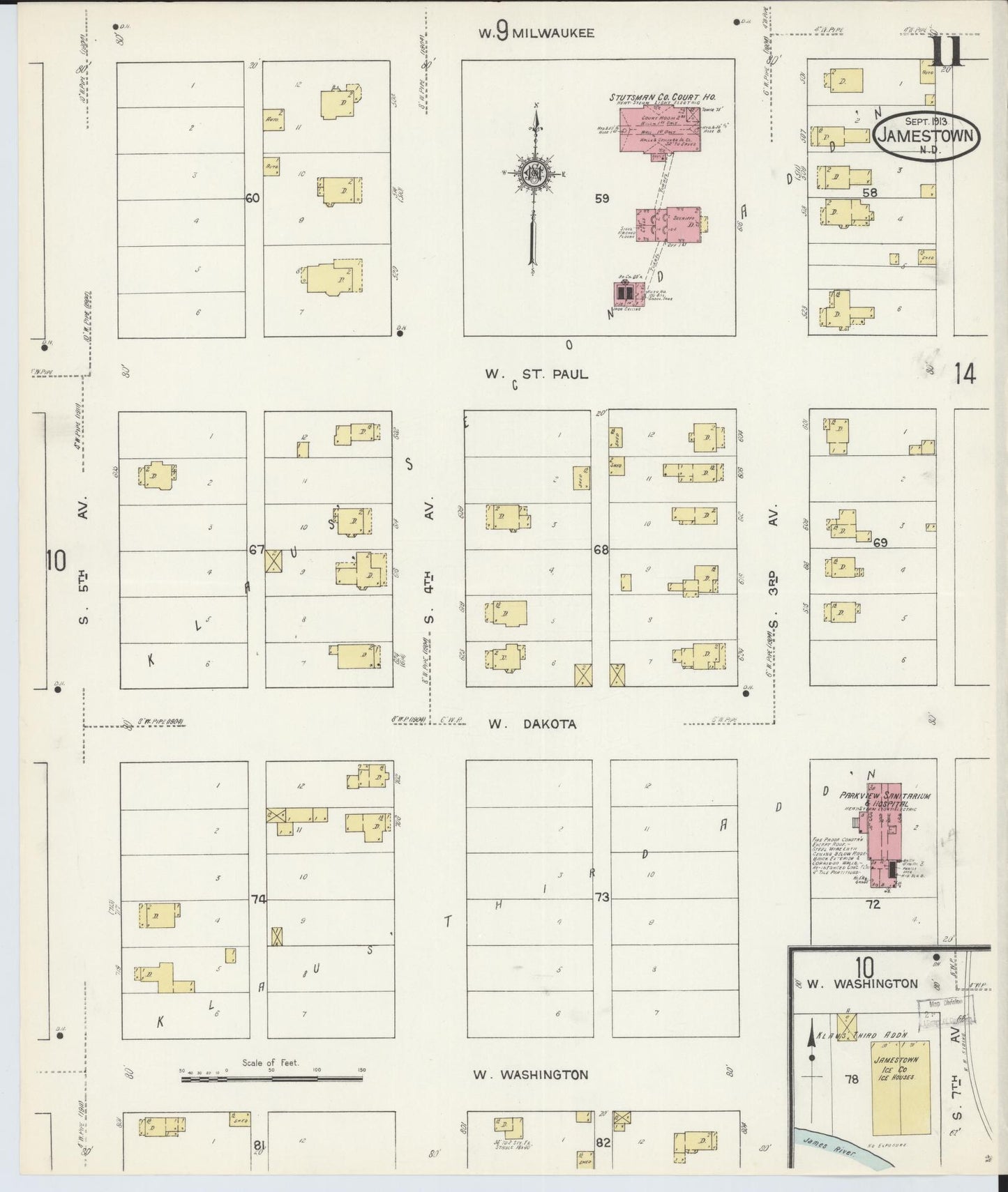 Sanborn Fire Insurance Map from Jamestown, Stutsman County, North Dakota (1913), Sheet #0011 - Complete Map Set gallery image, historic Sanborn map, vintage wall art, North Dakota North Dakota