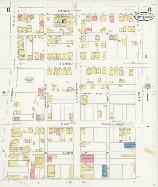 Sanborn Fire Insurance Map from Waynesburg, Greene County, Pennsylvania (1925), Sheet #0006 - Historic Sanborn Fire Insurance Map Print, vintage old map wall art, antique decor, genealogy gift, Pennsylvania Pennsylvania map