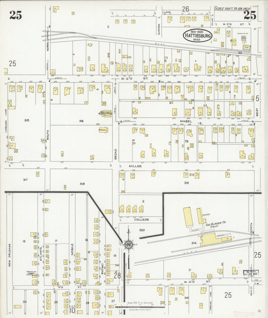 Sanborn Fire Insurance Map from Hattiesburg, Forrest County, Mississippi (1925), Sheet #0025 - Historic Sanborn Fire Insurance Map Print, vintage old map wall art, antique decor, genealogy gift, Mississippi Mississippi map