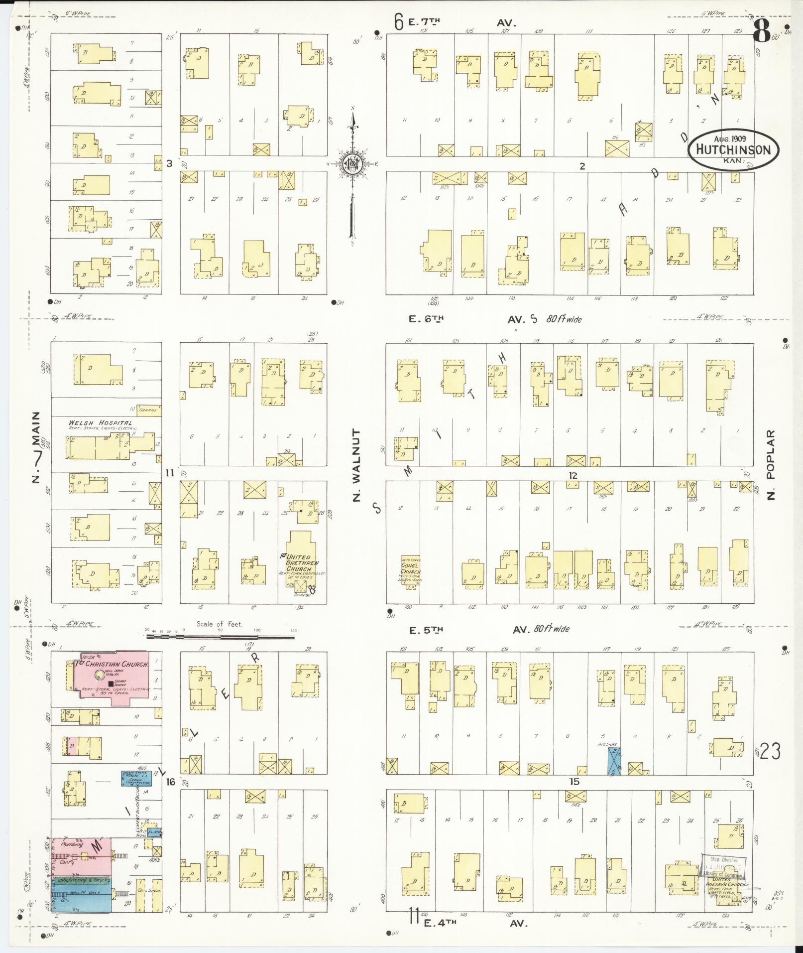 Sanborn Fire Insurance Map from Hutchinson, Reno County, Kansas (1909), Sheet #0008 - Complete Map Set gallery image, historic Sanborn map, vintage wall art, Kansas Kansas