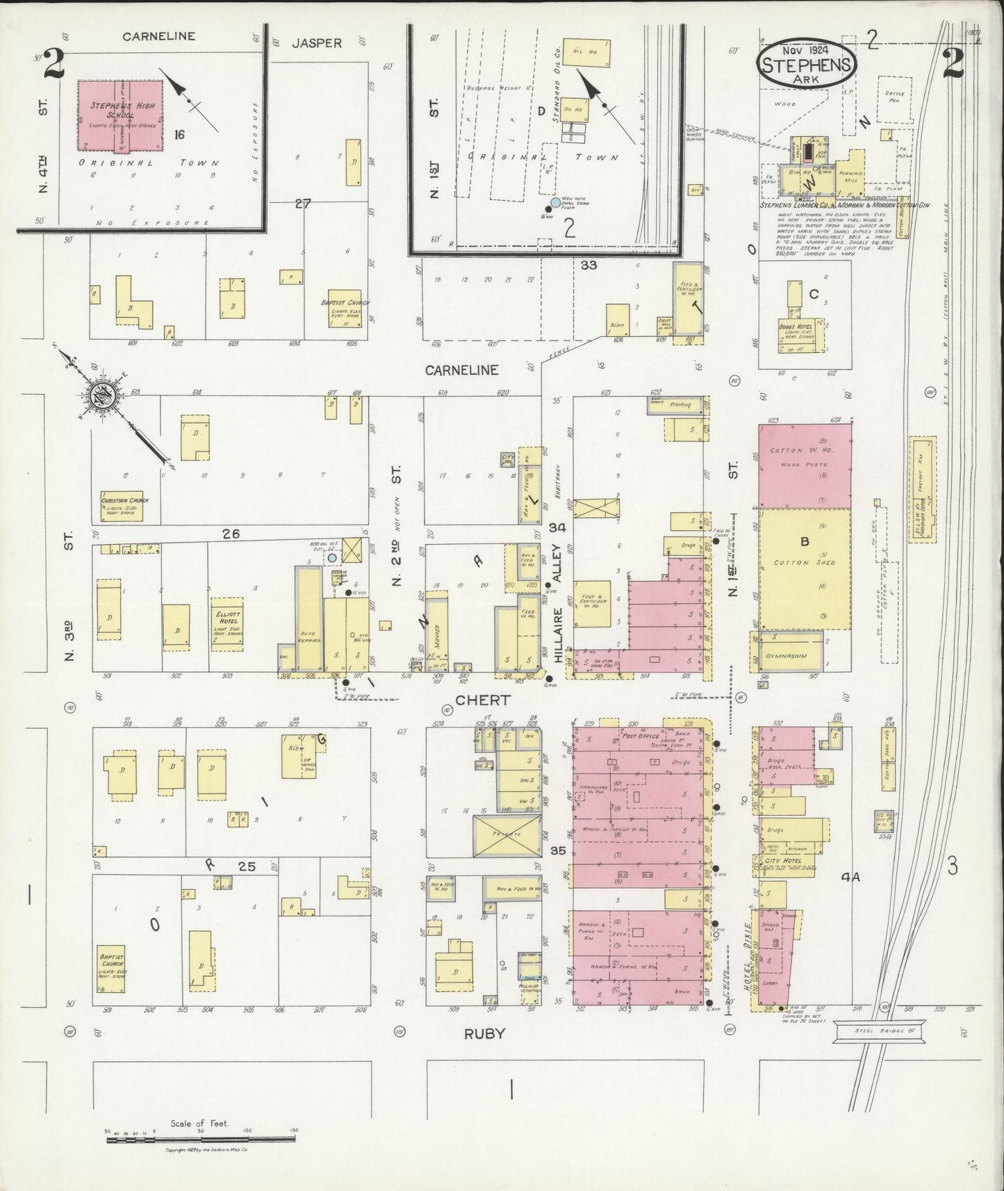 Sanborn Fire Insurance Map from Stephens, Ouachita County, Arkansas (1924), Sheet #0002 - Complete Map Set gallery image, historic Sanborn map, vintage wall art, Arkansas Arkansas