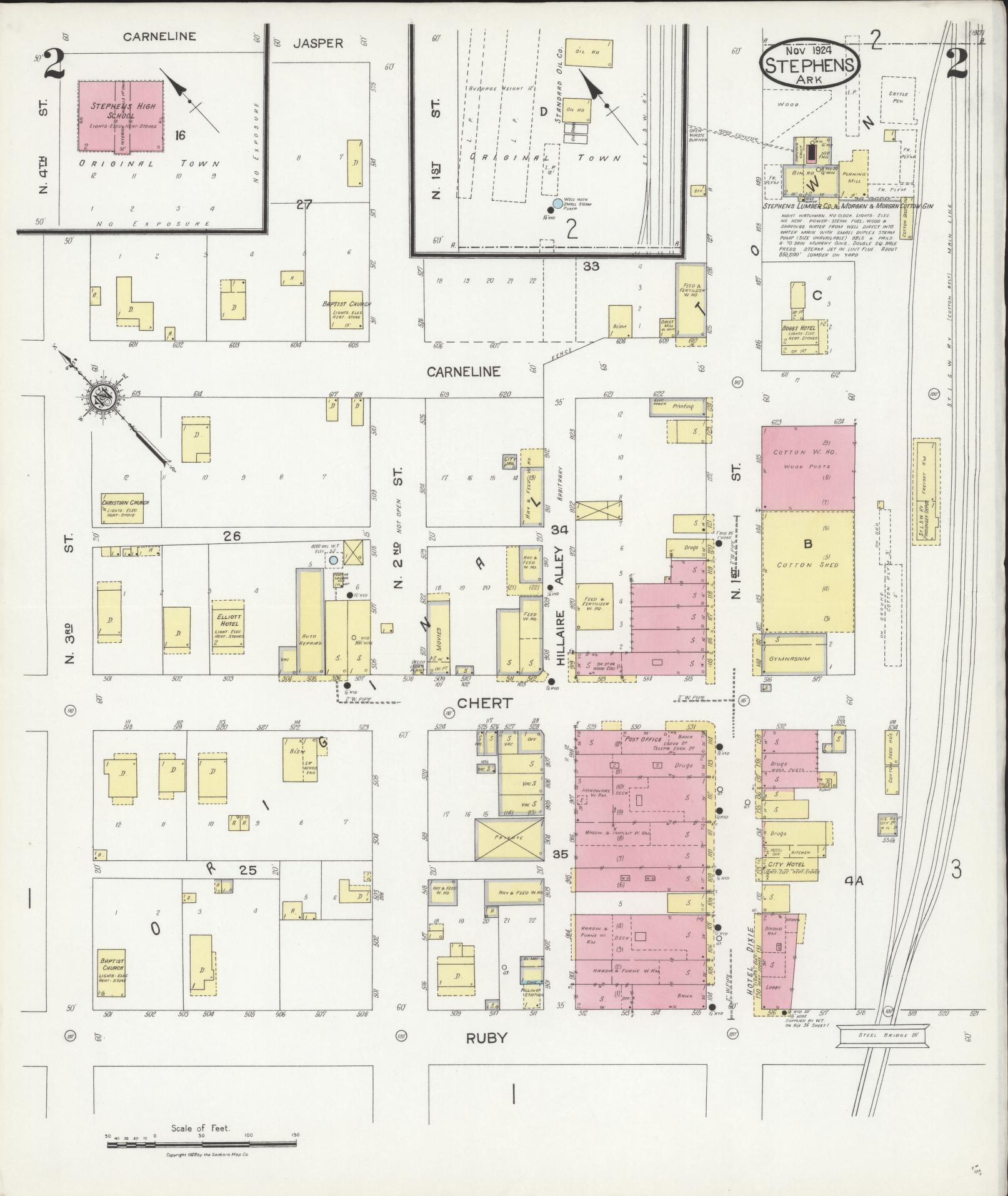 Sanborn Fire Insurance Map from Stephens, Ouachita County, Arkansas (1924), Sheet #0002 - Complete Map Set gallery image, historic Sanborn map, vintage wall art, Arkansas Arkansas