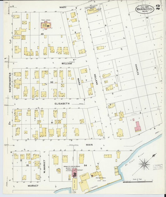 Sanborn Fire Insurance Map from Marine City, Saint Clair County, Michigan (1907), Sheet #0002 - Historic Sanborn Fire Insurance Map Print, vintage old map wall art, antique decor, genealogy gift, Michigan Michigan map