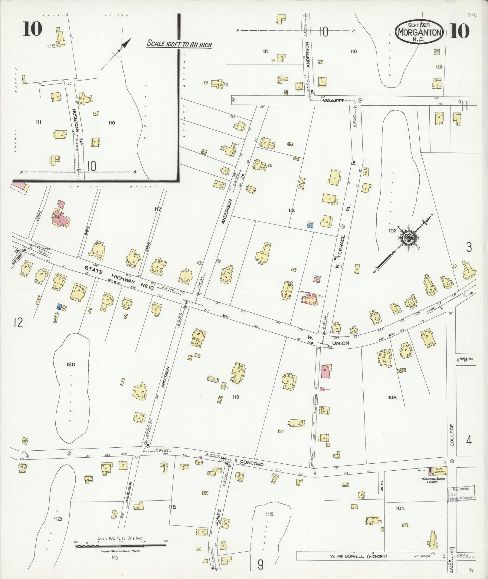 Sanborn Fire Insurance Map from Morganton, Burke County, North Carolina (1924), Sheet #0010 - Complete Map Set gallery image, historic Sanborn map, vintage wall art, North Carolina North Carolina