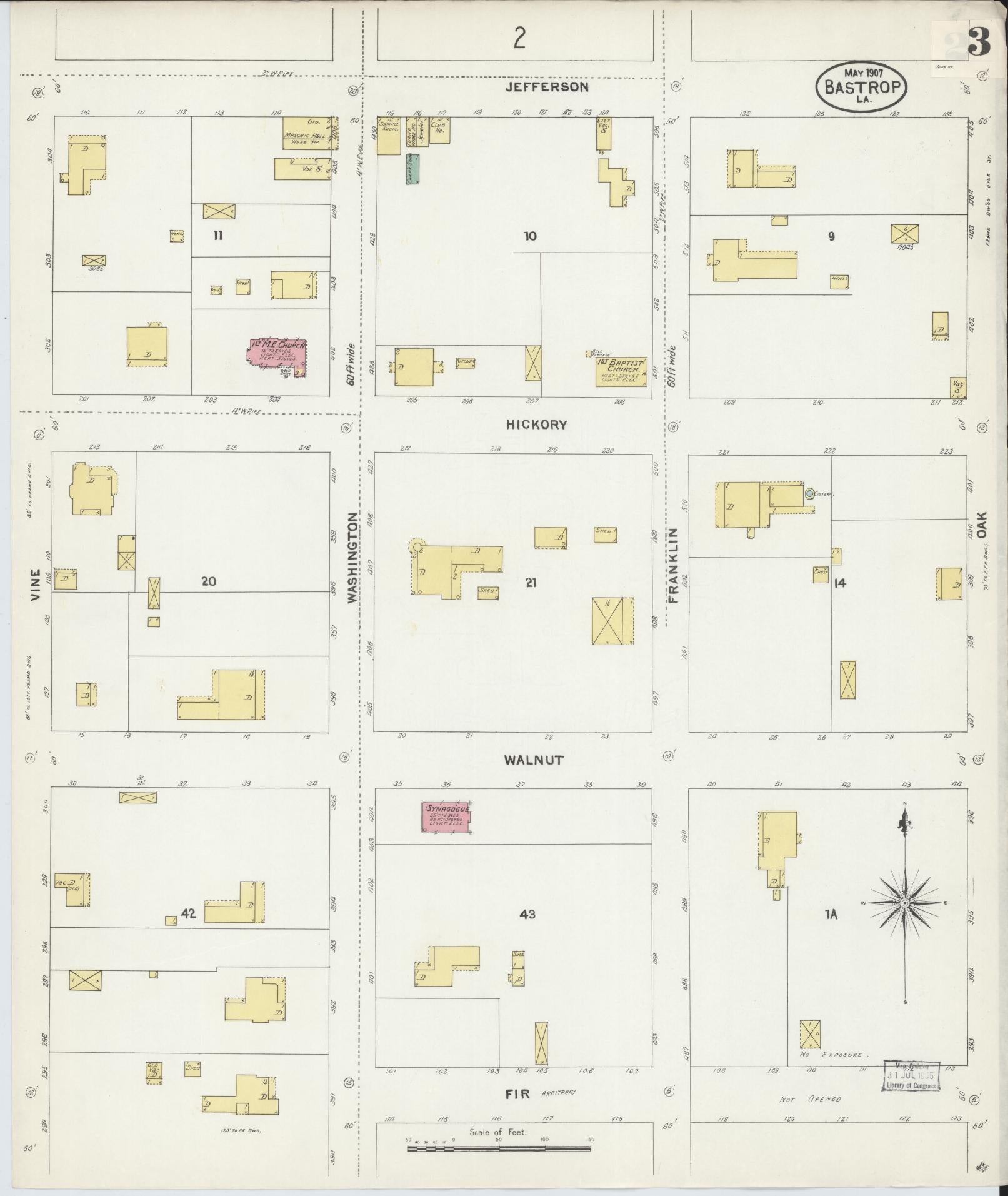 Sanborn Fire Insurance Map from Bastrop, Morehouse Parish, Louisiana (1907), Sheet #0003 - Complete Map Set gallery image, historic Sanborn map, vintage wall art, Louisiana Louisiana