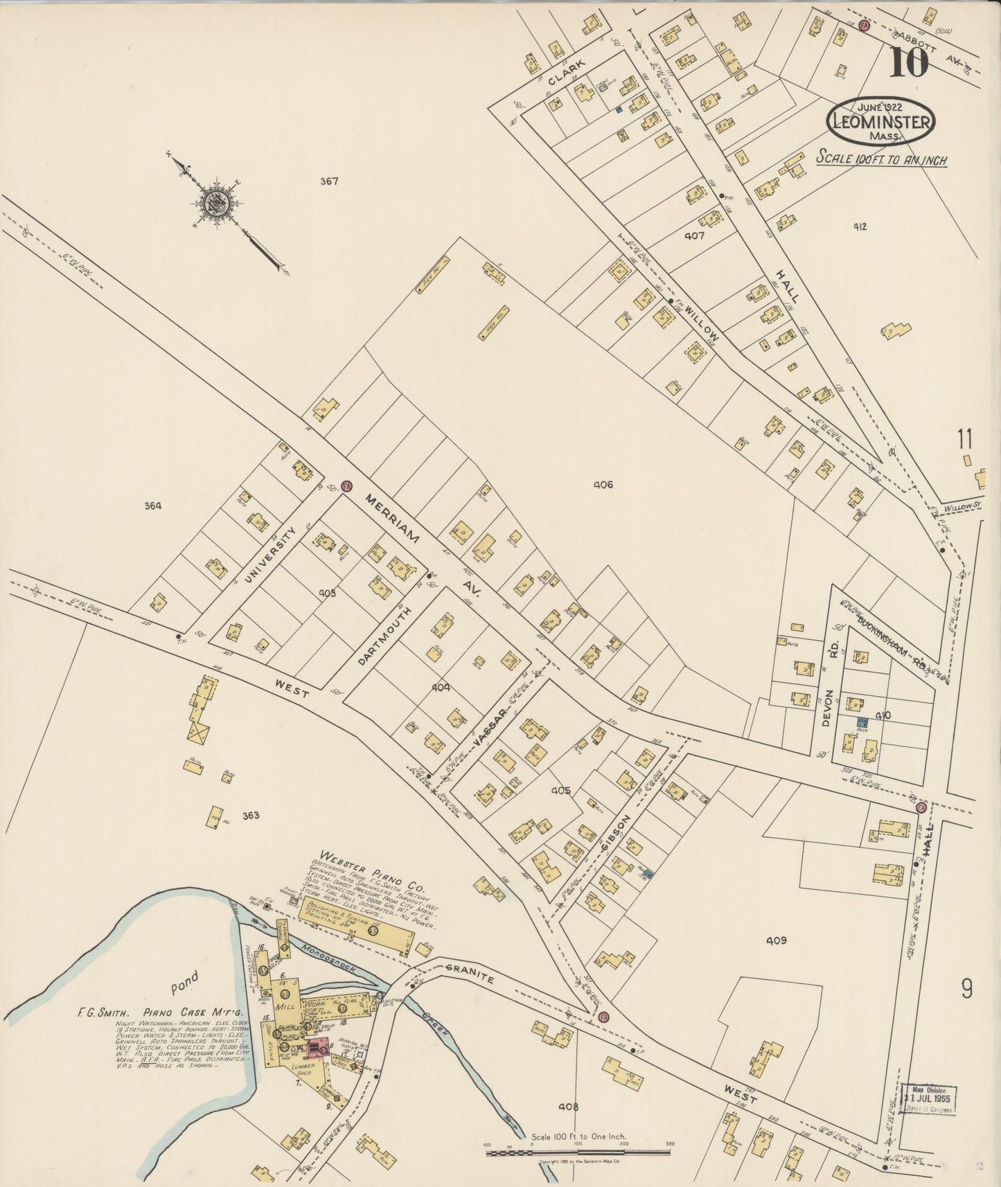 Sanborn Fire Insurance Map from Leominster, Worcester County, Massachusetts (1922), Sheet #0010 - Complete Map Set gallery image, historic Sanborn map, vintage wall art, Massachusetts Massachusetts