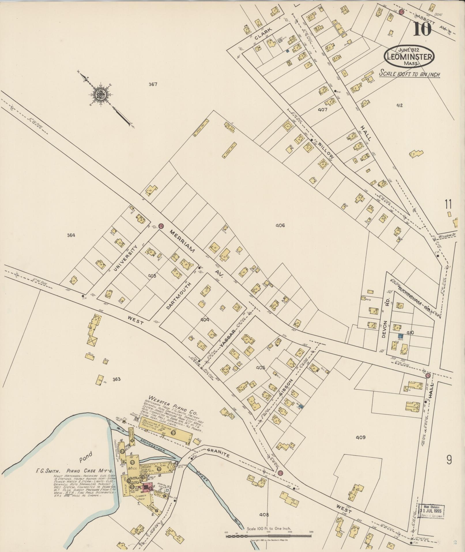 Sanborn Fire Insurance Map from Leominster, Worcester County, Massachusetts (1922), Sheet #0010 - Complete Map Set gallery image, historic Sanborn map, vintage wall art, Massachusetts Massachusetts