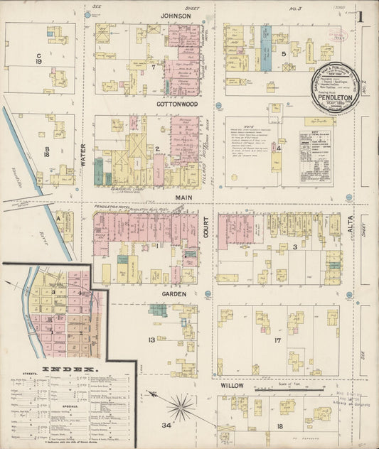 Sanborn Fire Insurance Map from Pendleton, Umatilla County, Oregon (1889), Sheet #0001 - Complete Map Set gallery image, historic Sanborn map, vintage wall art, Oregon Oregon