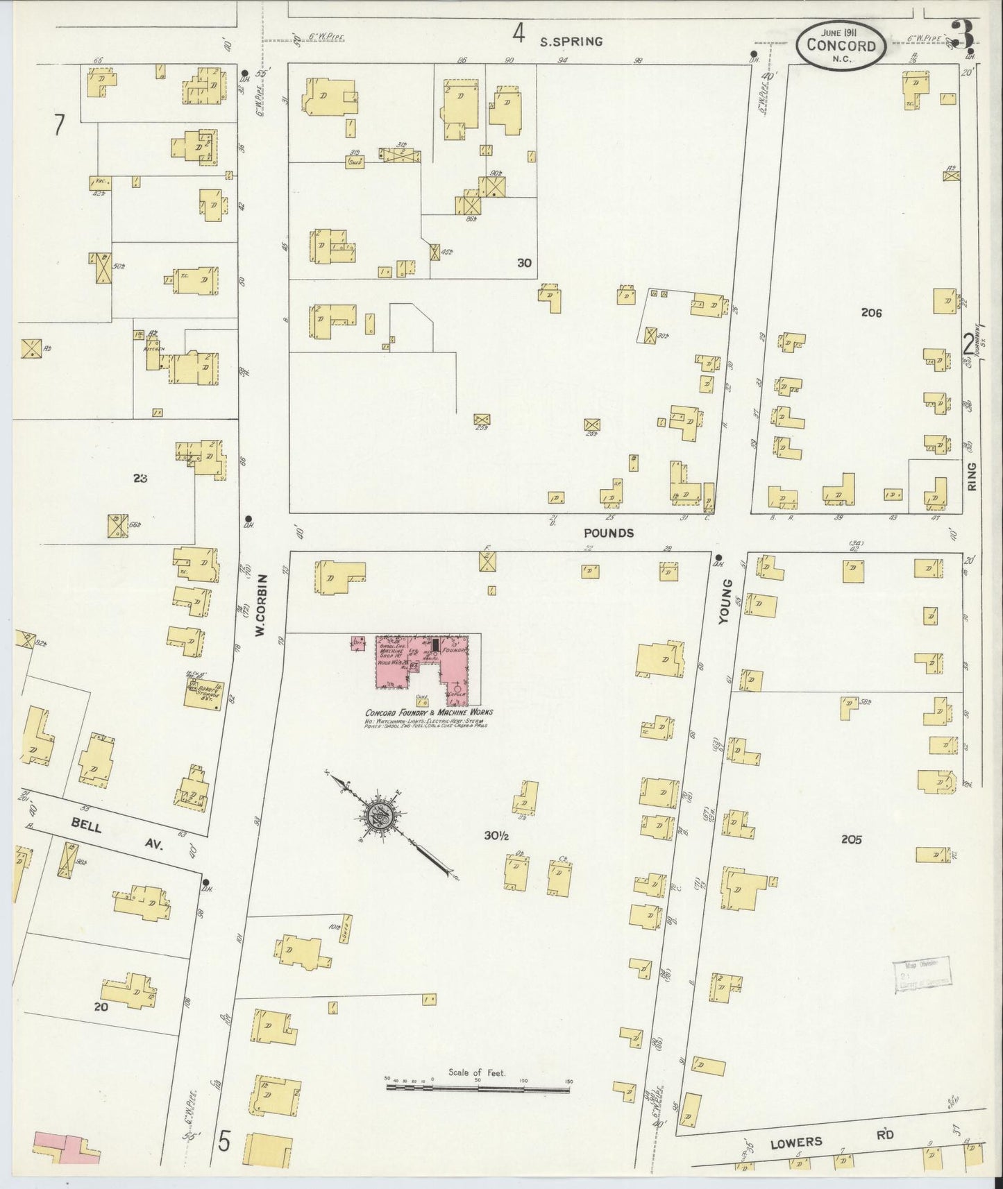 Sanborn Fire Insurance Map from Concord, Cabarrus County, North Carolina (1911), Sheet #0003 - Complete Map Set gallery image, historic Sanborn map, vintage wall art, North Carolina North Carolina