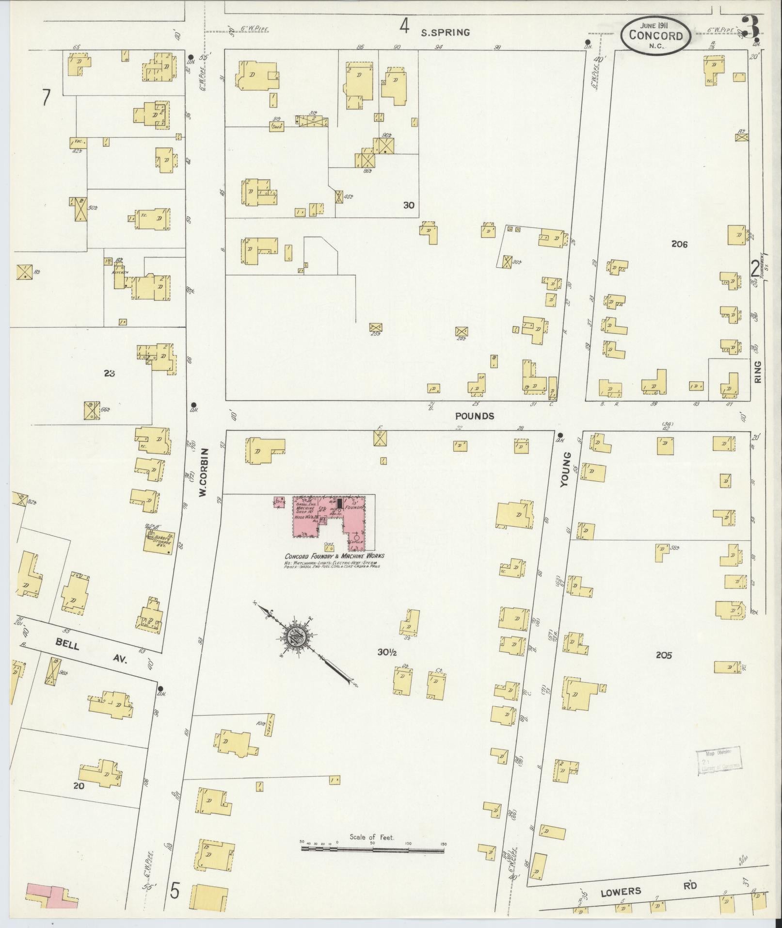 Sanborn Fire Insurance Map from Concord, Cabarrus County, North Carolina (1911), Sheet #0003 - Complete Map Set gallery image, historic Sanborn map, vintage wall art, North Carolina North Carolina