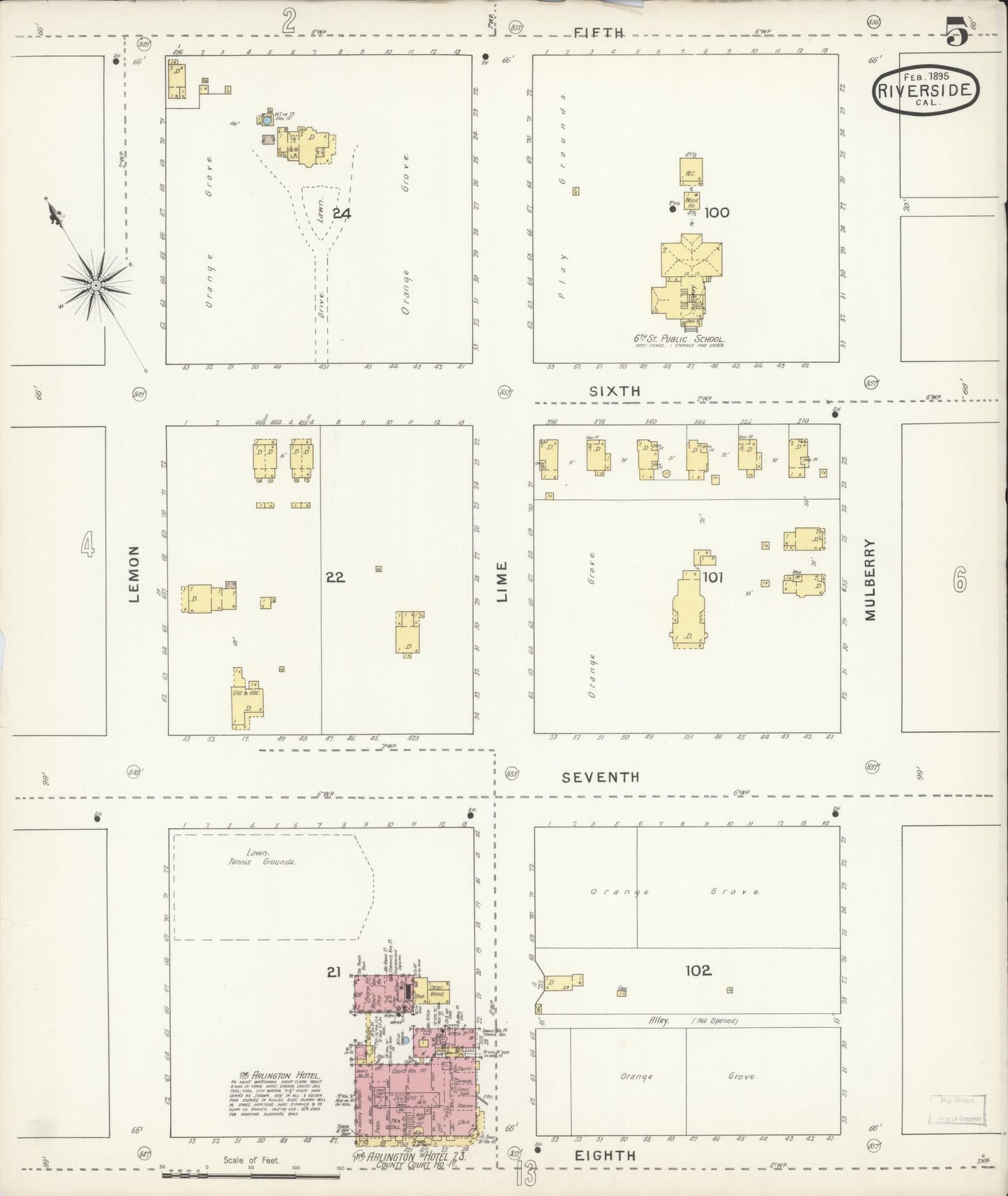Sanborn Fire Insurance Map from Riverside, Riverside County, California (1895), Sheet #0005 - Complete Map Set gallery image, historic Sanborn map, vintage wall art, California California