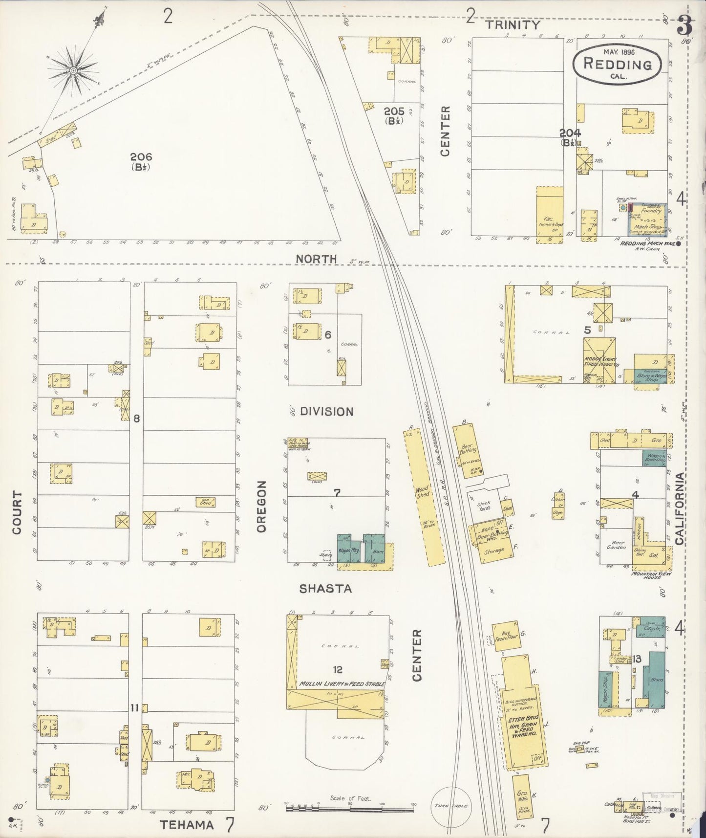 Sanborn Fire Insurance Map from Redding, Shasta County, California (1896), Sheet #0003 - Complete Map Set gallery image, historic Sanborn map, vintage wall art, California California