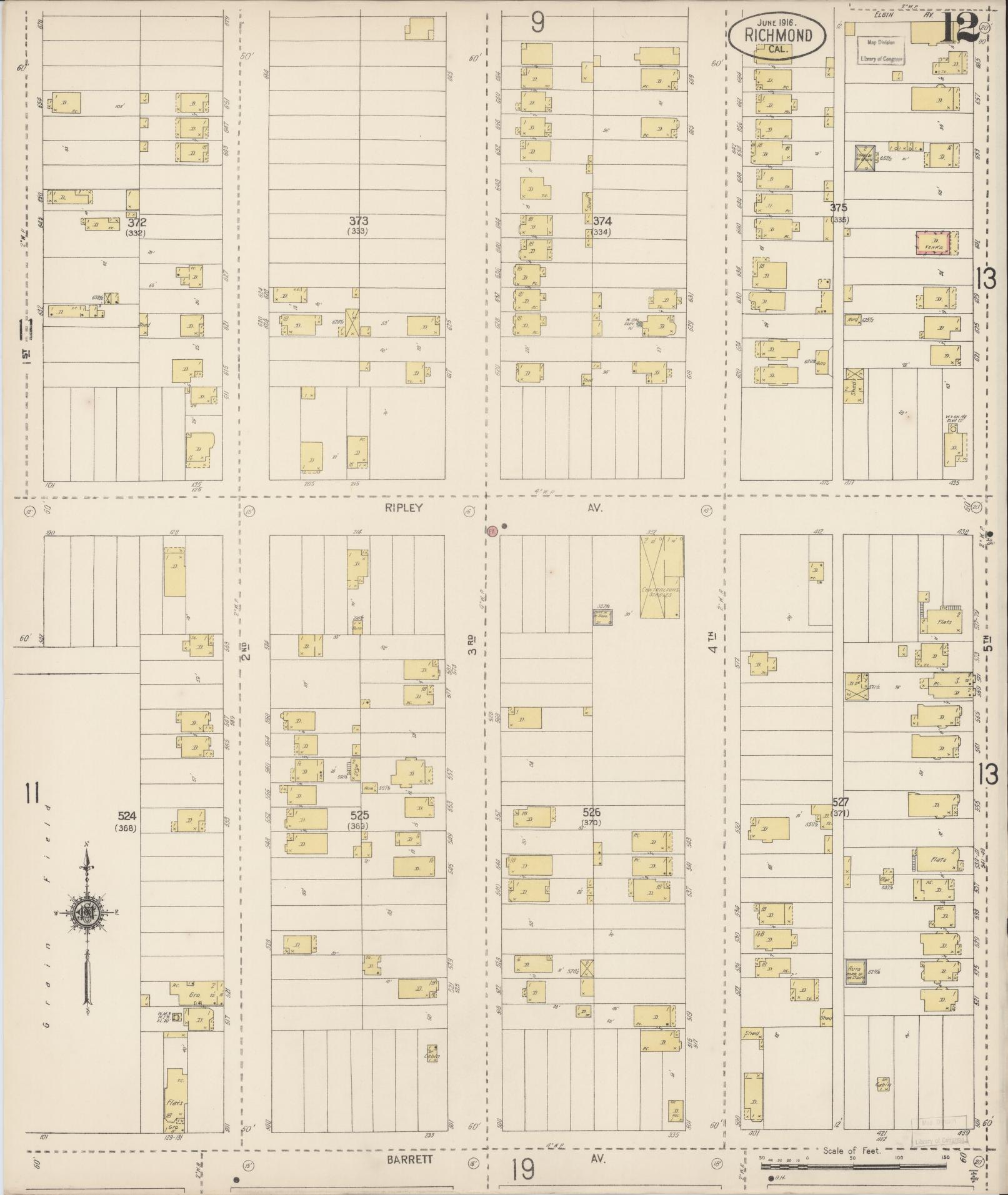 Sanborn Fire Insurance Map from Richmond, Contra Costa County, California (1916), Sheet #0012 - Complete Map Set gallery image, historic Sanborn map, vintage wall art, California California