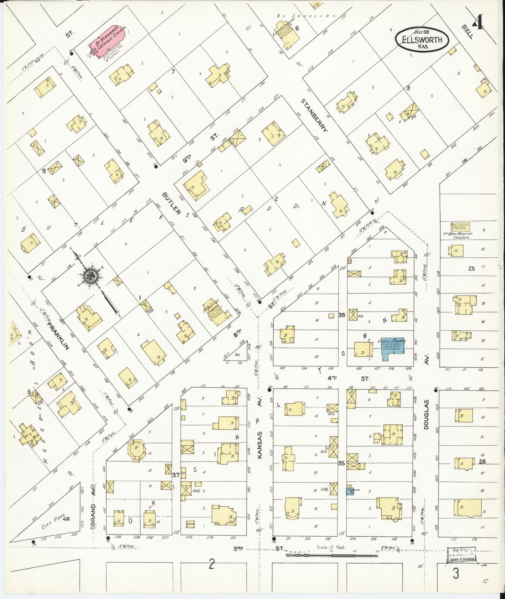 Sanborn Fire Insurance Map from Ellsworth, Ellsworth County, Kansas (1911), Sheet #0004 - Complete Map Set gallery image, historic Sanborn map, vintage wall art, Kansas Kansas