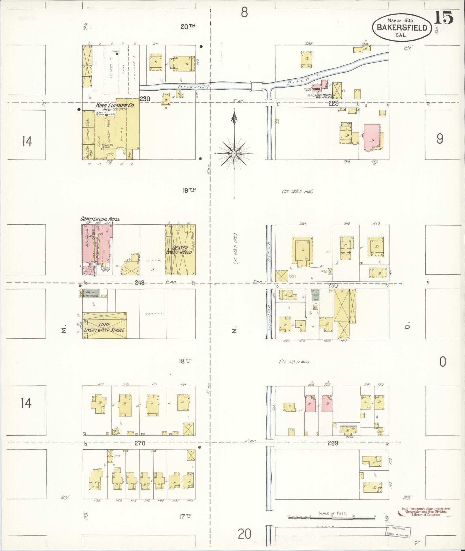 Sanborn Fire Insurance Map from Bakersfield, Kern County, California (1905), Sheet #0015 - Historic Sanborn Fire Insurance Map Print, vintage old map wall art, antique decor, genealogy gift, California California map