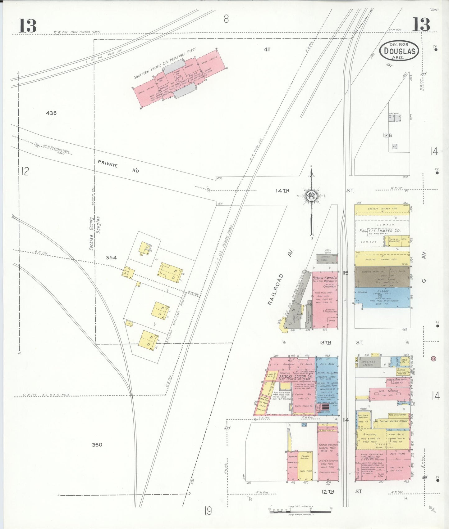 Sanborn Fire Insurance Map from Douglas, Cochise County, Arizona (1929), Sheet #0013 - Complete Map Set gallery image, historic Sanborn map, vintage wall art, Arizona Arizona