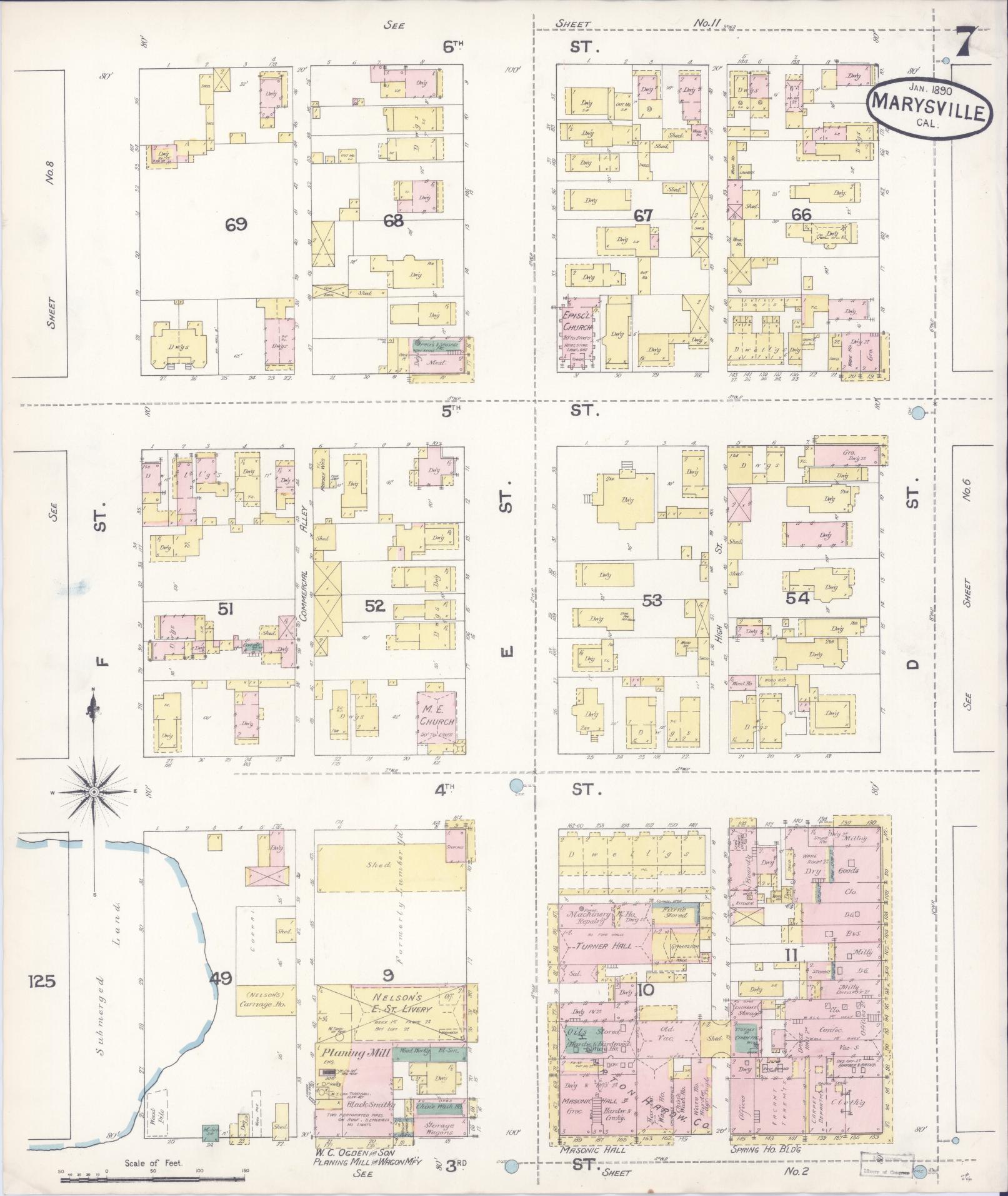 Sanborn Fire Insurance Map from Marysville, Yuba County, California (1890), Sheet #0007 - Historic Sanborn Fire Insurance Map Print, vintage old map wall art, antique decor, genealogy gift, California California map