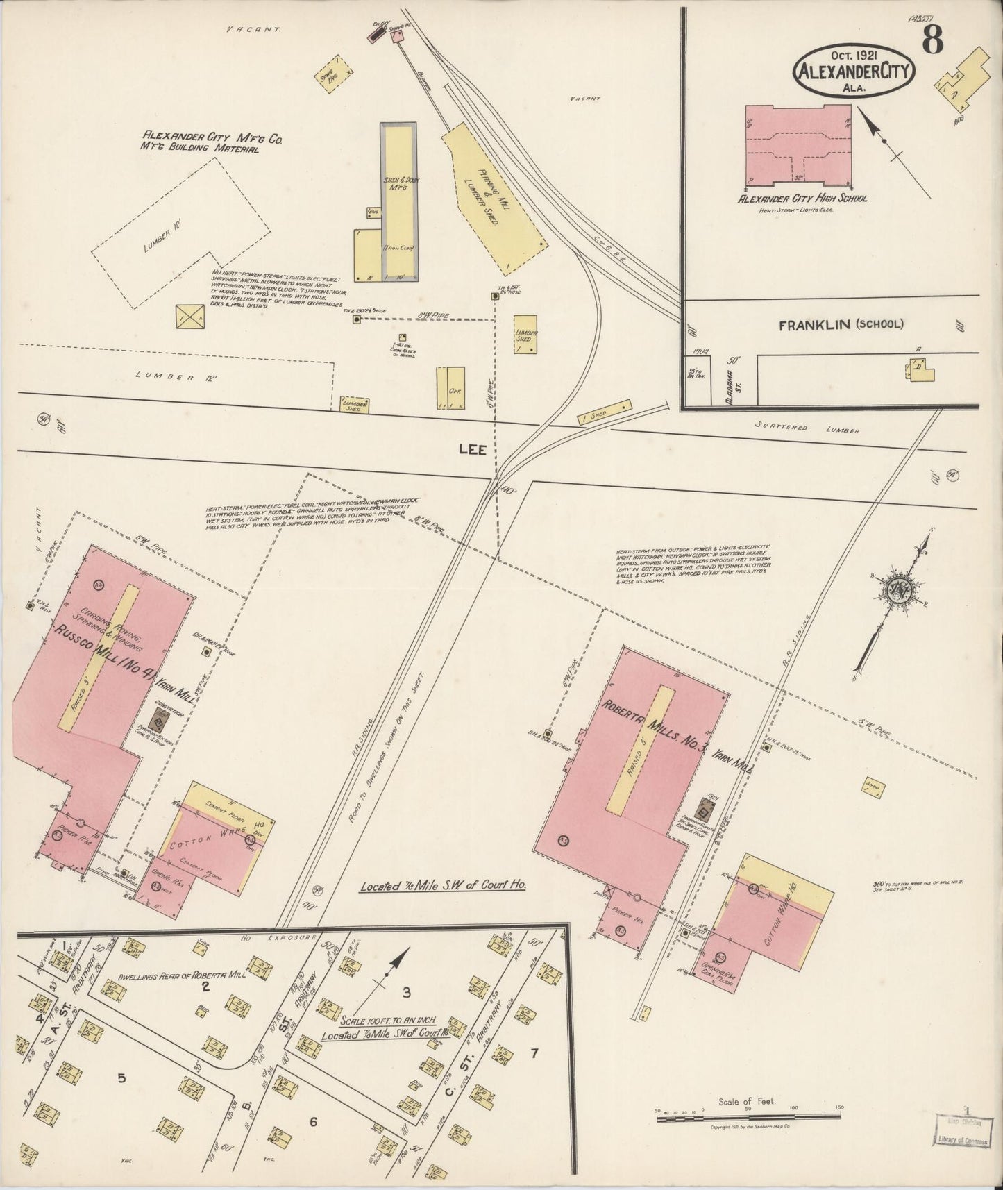 Sanborn Fire Insurance Map from Alexander City, Tallapoosa County, Alabama (1921), Sheet #0008 - Historic Sanborn Fire Insurance Map Print, vintage old map wall art, antique decor, genealogy gift, Alabama Alabama map