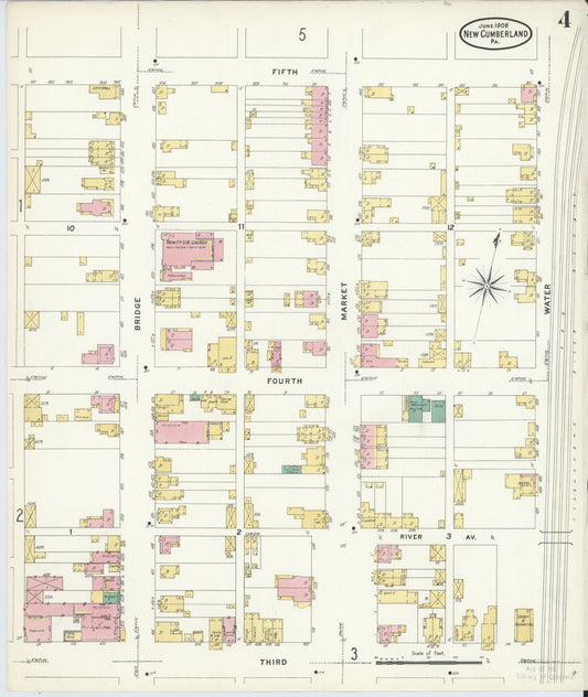 Sanborn Fire Insurance Map from New Cumberland, Cumberland County, Pennsylvania (1908), Sheet #0004 - Historic Sanborn Fire Insurance Map Print, vintage old map wall art, antique decor, genealogy gift, Pennsylvania Pennsylvania map