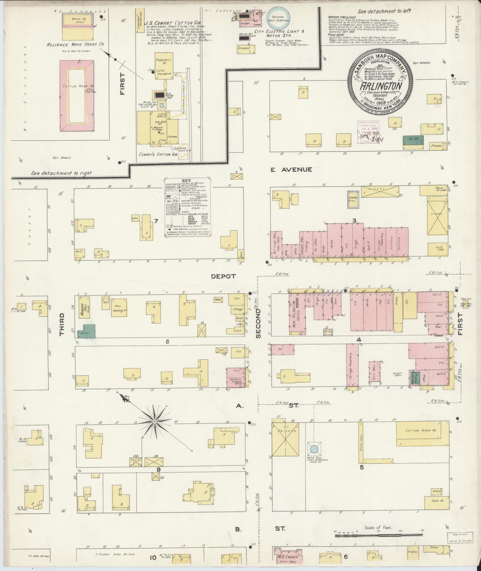 Sanborn Fire Insurance Map from Arlington, Calhoun County And Early County, Georgia (1909), Sheet #0001 - Historic Sanborn Fire Insurance Map Print, vintage old map wall art, antique decor, genealogy gift, Georgia Georgia map