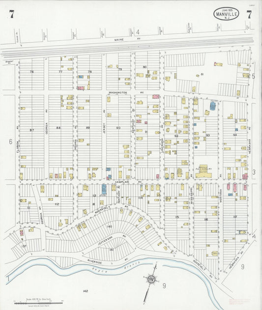 Sanborn Fire Insurance Map from Manville, Somerset County, New Jersey (1928), Sheet #0007 - Historic Sanborn Fire Insurance Map Print, vintage old map wall art, antique decor, genealogy gift, New Jersey New Jersey map