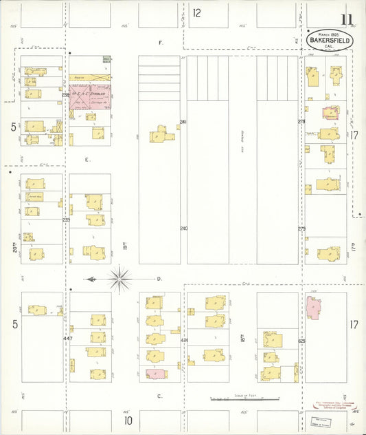 Sanborn Fire Insurance Map from Bakersfield, Kern County, California (1905), Sheet #0011 - Historic Sanborn Fire Insurance Map Print, vintage old map wall art, antique decor, genealogy gift, California California map