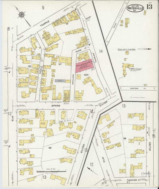 Sanborn Fire Insurance Map from Waterville, Kennebec County, Maine (1921), Sheet #0013 - Historic Sanborn Fire Insurance Map Print, vintage old map wall art, antique decor, genealogy gift, Maine Maine map