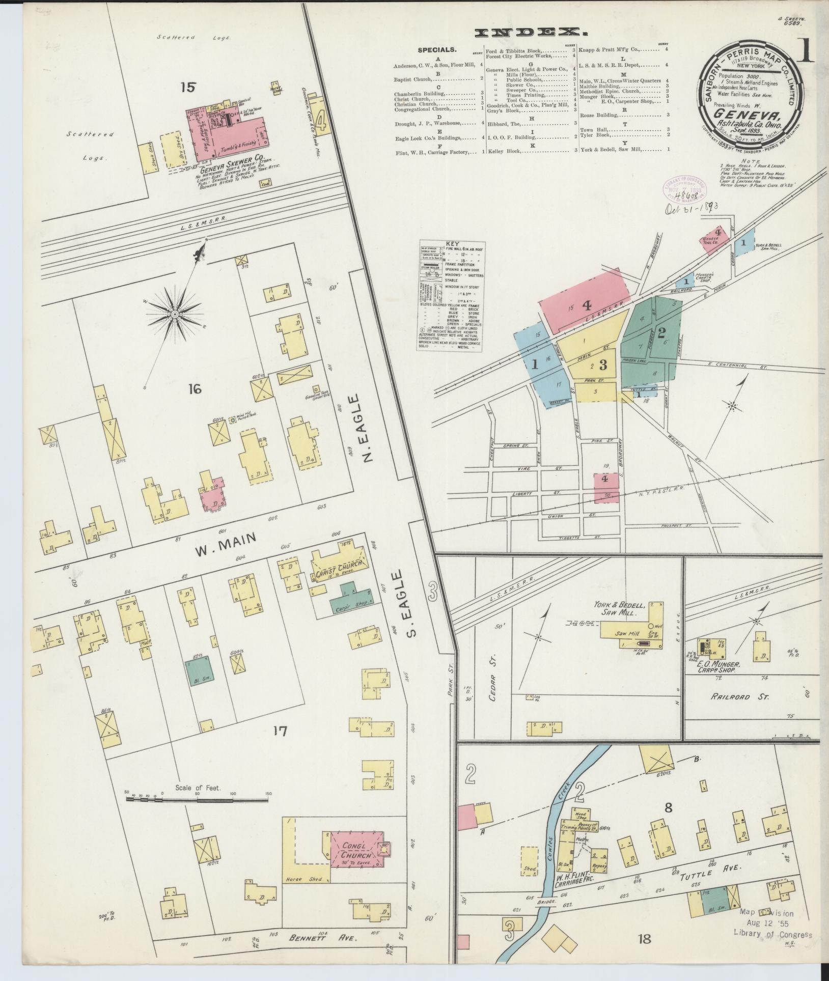 Sanborn Fire Insurance Map from Geneva, Ashtabula County, Ohio (1893), Sheet #0001 - Historic Sanborn Fire Insurance Map Print, vintage old map wall art, antique decor, genealogy gift, Ohio Ohio map