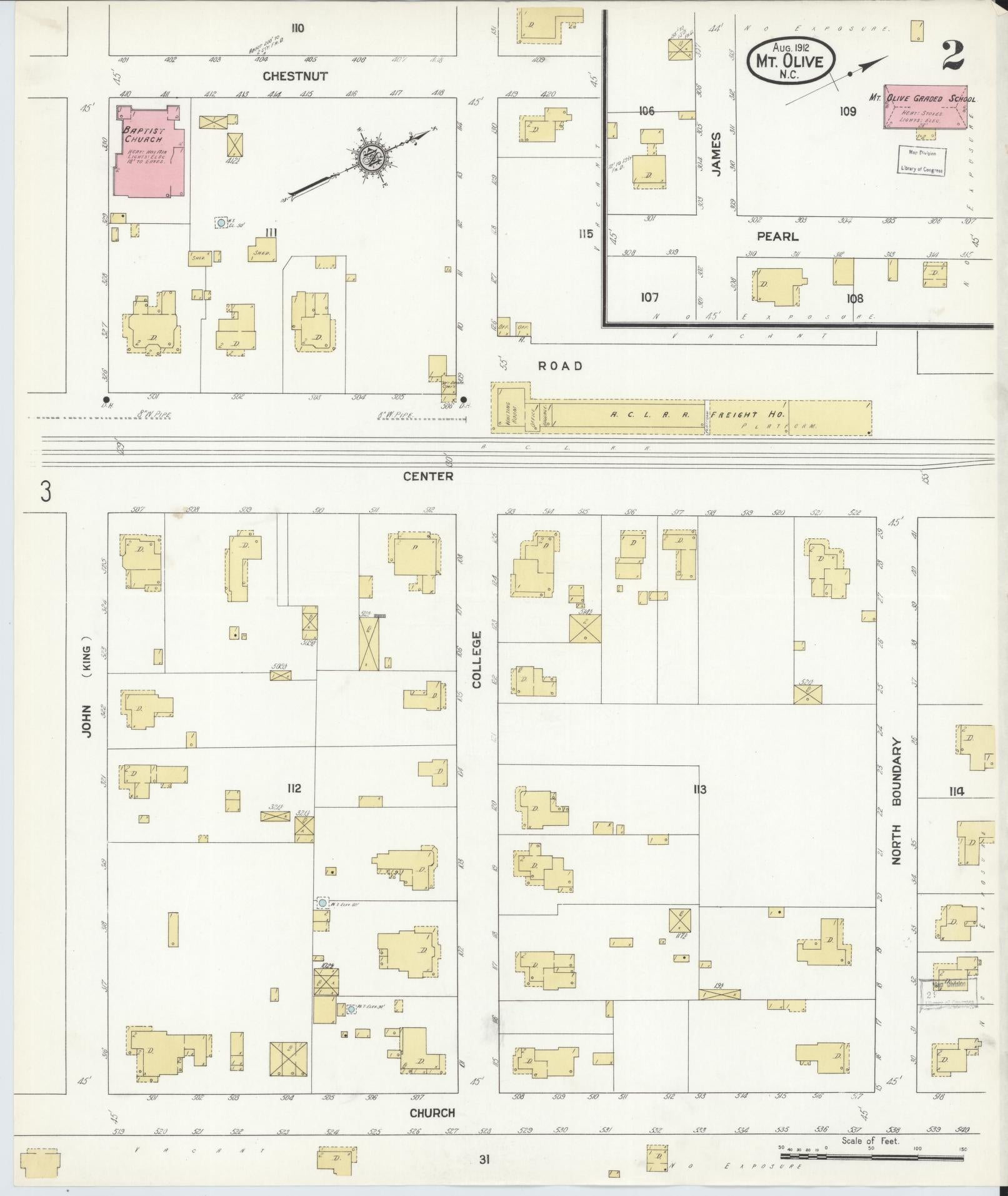 Sanborn Fire Insurance Map from Mount Olive, Wayne County, North Carolina (1912), Sheet #0002 - Complete Map Set gallery image, historic Sanborn map, vintage wall art, North Carolina North Carolina