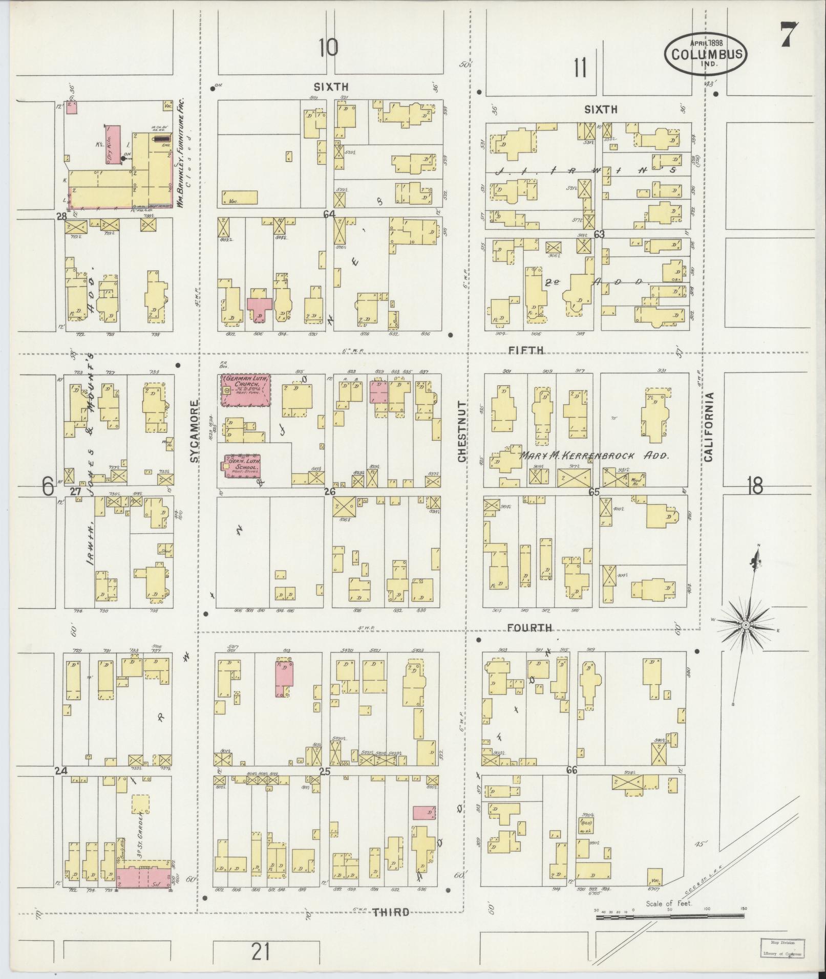 Sanborn Fire Insurance Map from Columbus, Bartholomew County, Indiana (1898), Sheet #0007 - Complete Map Set gallery image, historic Sanborn map, vintage wall art, Indiana Indiana