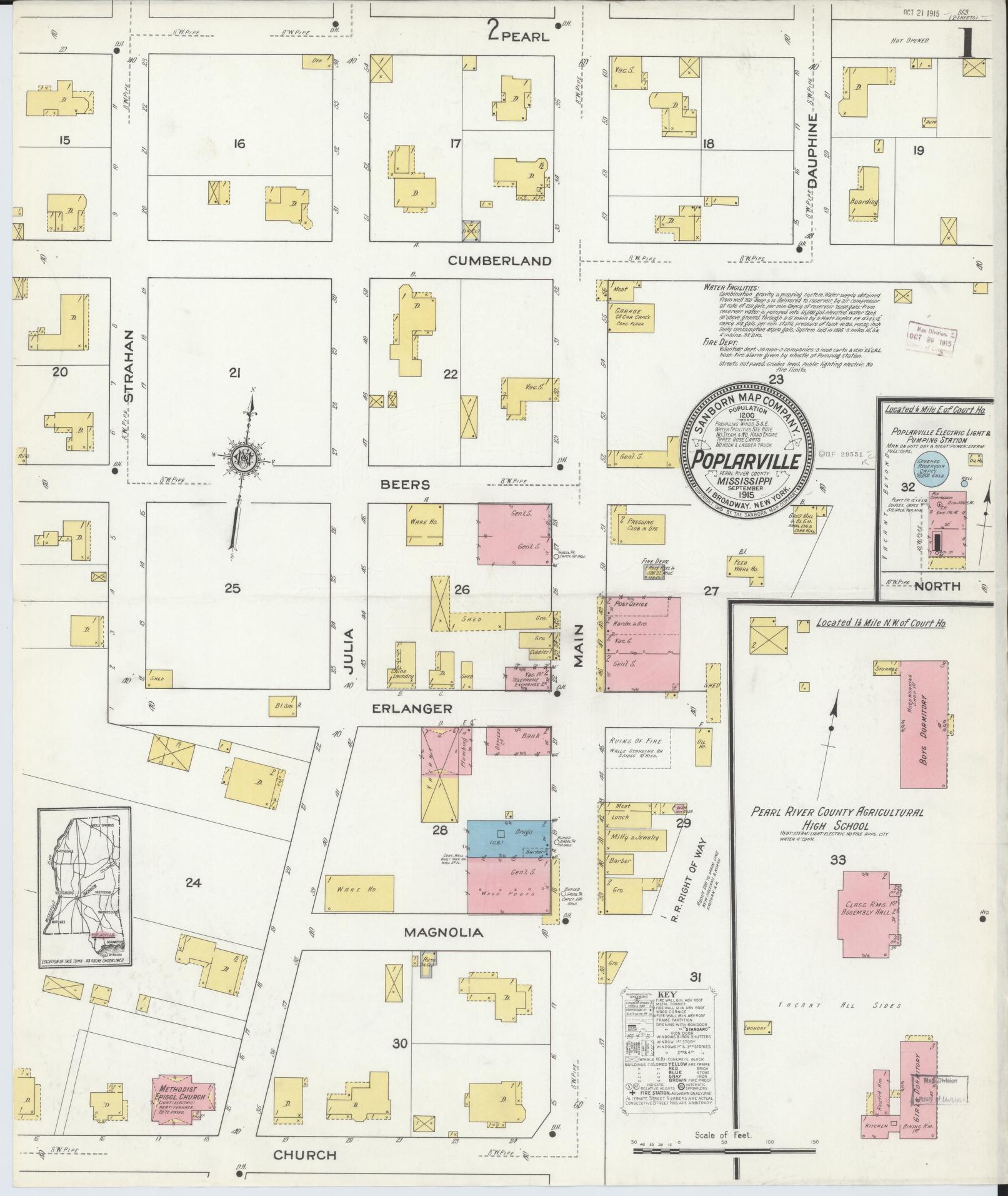 Sanborn Fire Insurance Map from Poplarville, Pearl River County, Mississippi (1915), Sheet #0001 - Historic Sanborn Fire Insurance Map Print, vintage old map wall art, antique decor, genealogy gift, Mississippi Mississippi map