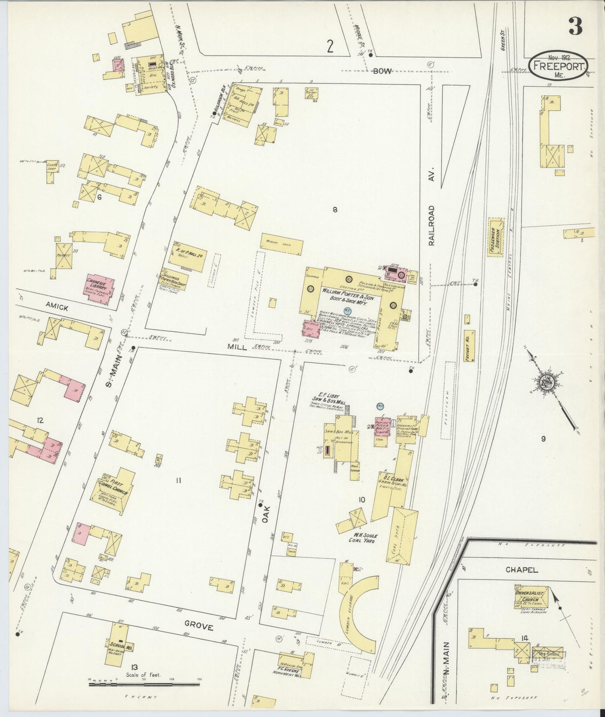 Sanborn Fire Insurance Map from Freeport, Cumberland County, Maine (1912), Sheet #0003 - Complete Map Set gallery image, historic Sanborn map, vintage wall art, Maine Maine